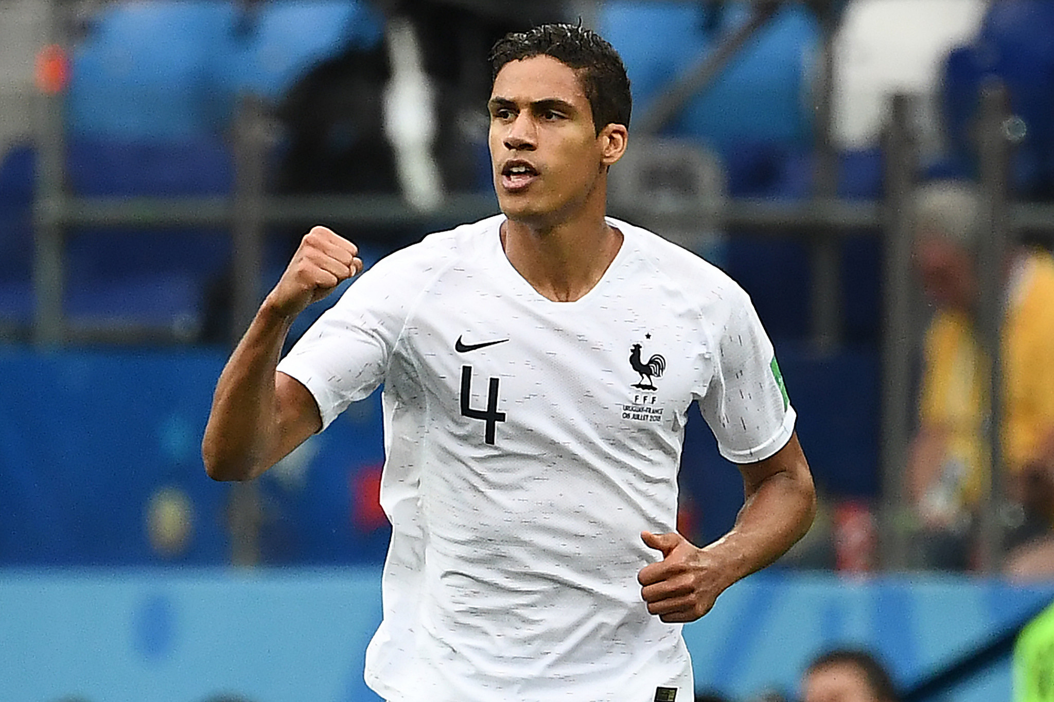 Raphael Varane celebrates after opening the scoring for France against Uruguay ©Getty Images