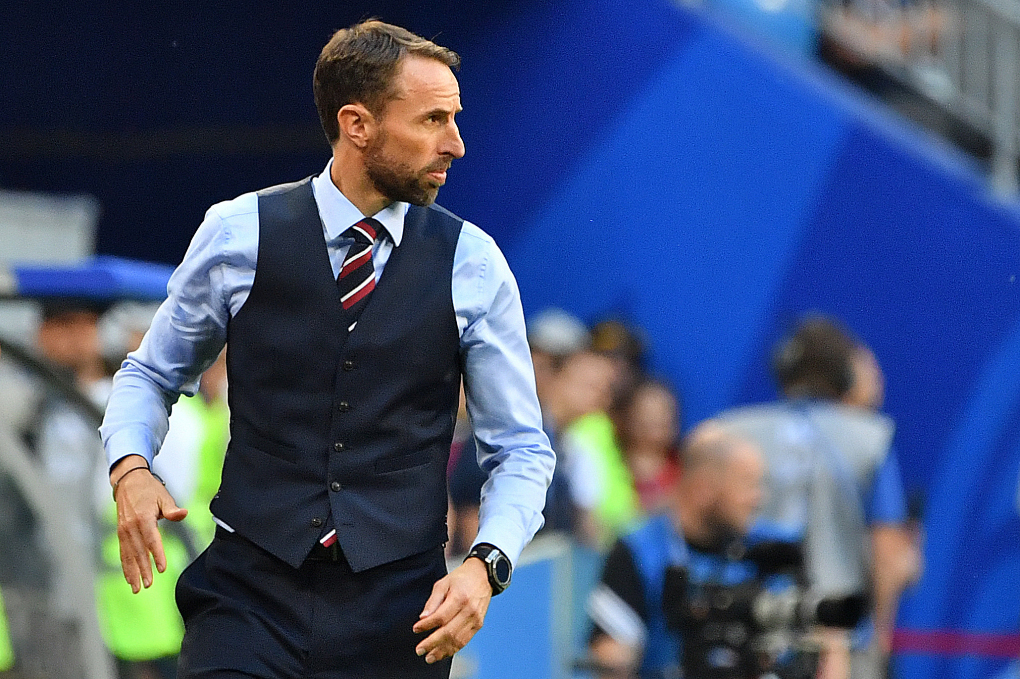 England manager Gareth Southgate, sporting his distinctive waistcoat, looks on during the quarter-final ©Getty Images