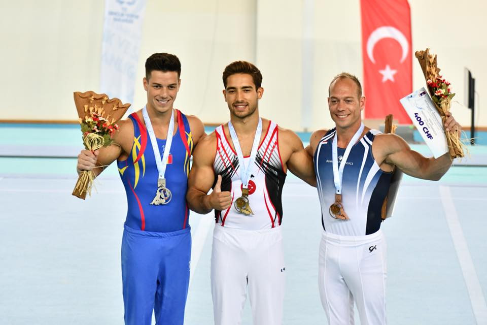 İbrahim Çolak, centre, won the men's rings at the FIG Challenge Cup in Mersin ©Facebook