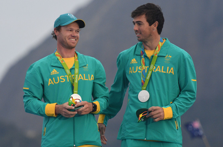 Australia's Rio 2016 Silver medallists Nathan Outteridge and Australia's Iain Jensen celebrate - two years on, both are in Gdynia, with Outteridge in the mixed Nacra 17 class and Jensen back in the 49 class ©Getty Images  
