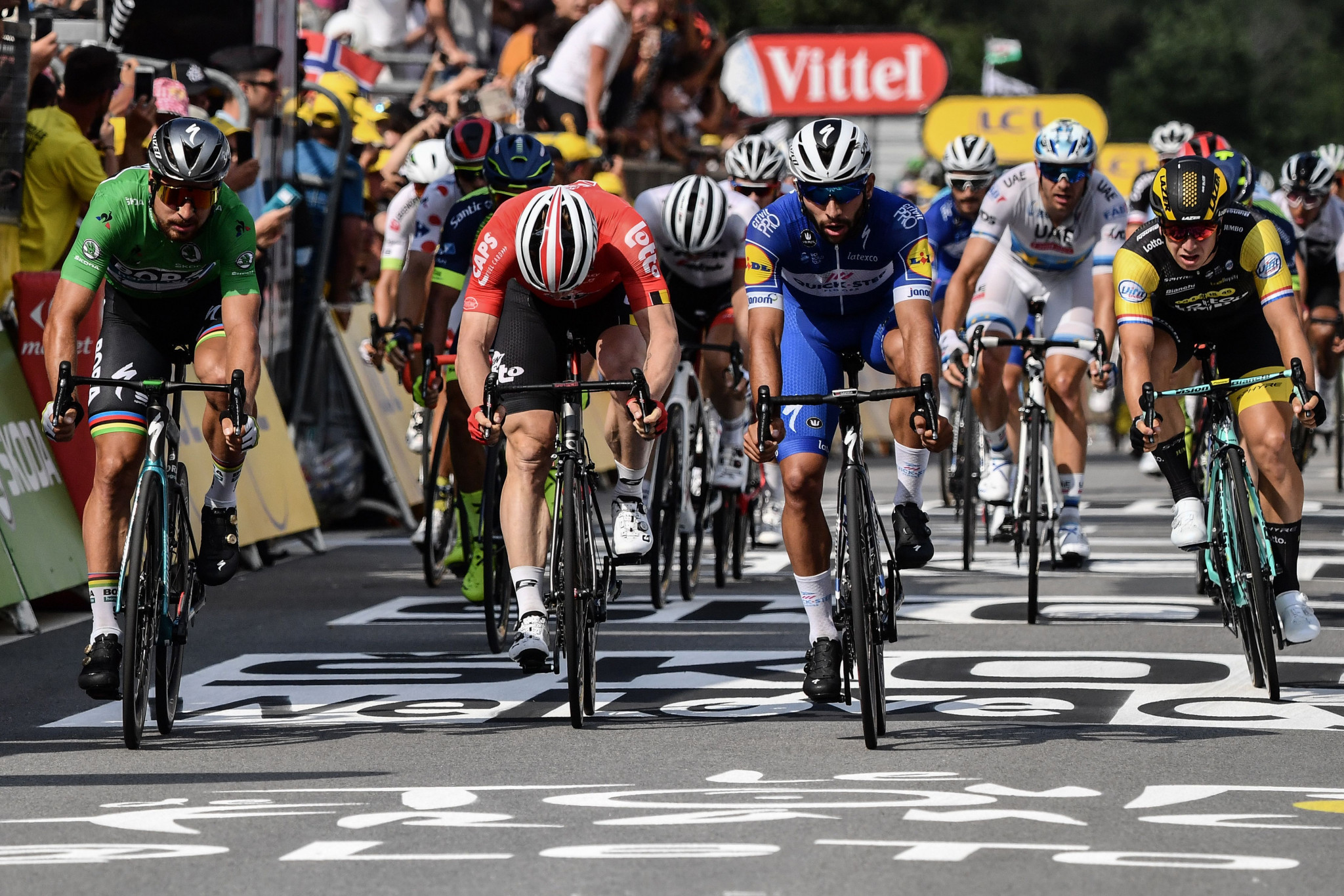 Colombia's Fernando Gaviria, centre right, underlined his sprinting prowess again today as he won his second stage of this year's Tour de France in Sarzeau ©Getty Images