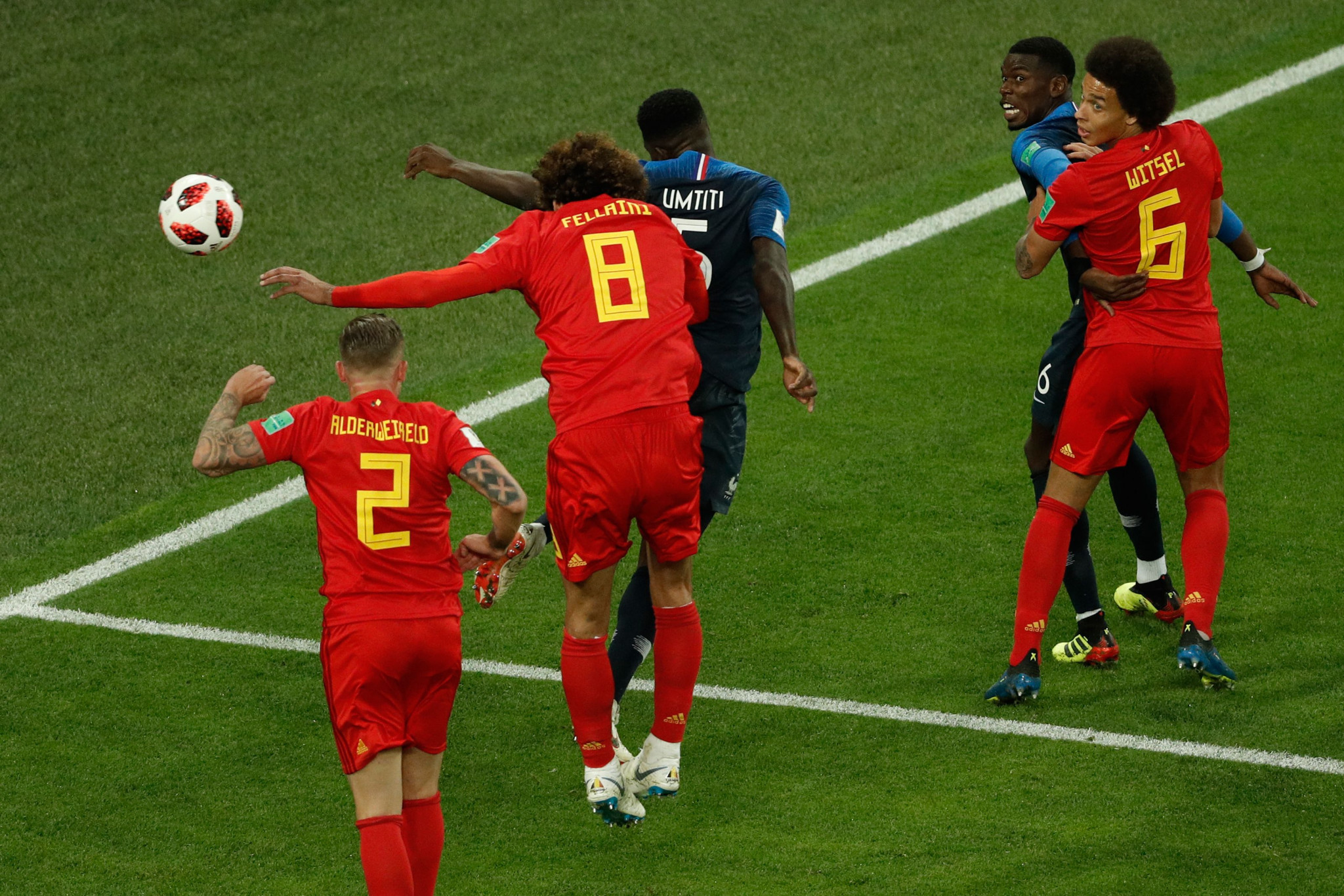 France's Samuel Umtiti rose highest to head home from a corner against Belgium ©Getty Images