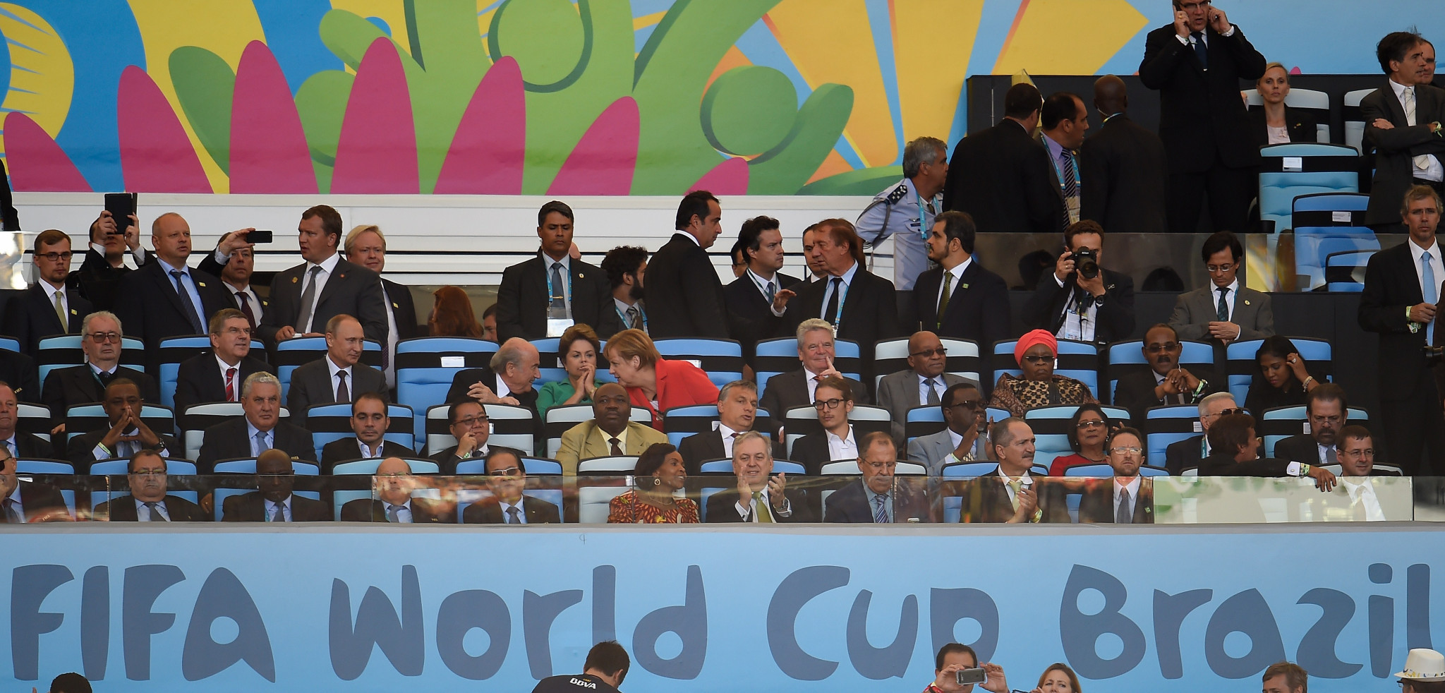 Thomas Bach, third row from top, second left, sat next to Vladimir Putin at the 2014 World Cup final in Brazil ©Getty Images