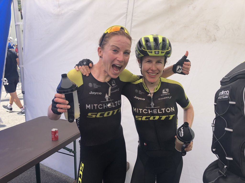 Australia’s Amanda Spratt, right, beat Mitchelton-Scott team-mate Annemiek van Vleuten, left, to first place on stage six of the Giro Rosa ©Mitchelton-SCOTT/Twitter