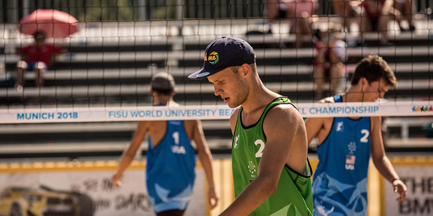 Home favourites Dan John and Eric Stadie, pictured, are through to the men’s quarter-finals at the World University Beach Volleyball Championship in Munich ©WUC Beach Volleyball 2018