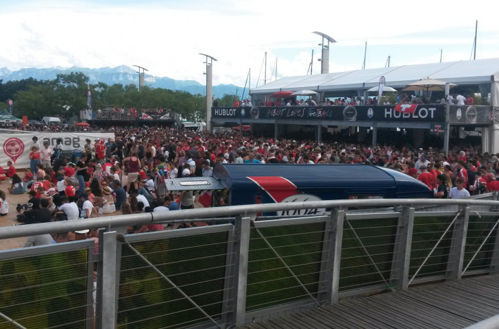 Swiss followers watch the World Cup round-of-16 match against Sweden at Lausanne's Fan Zone beside Lake Leman ©ITG