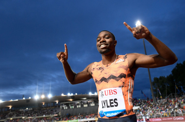Noah Lyles, pictured celebrating his 200m win in 19.69sec at last week's IAAF Diamond League in Lausanne, will face US rivals Christian Coleman and Ronnie Baker in Rabat tomorrow ©Getty Images  