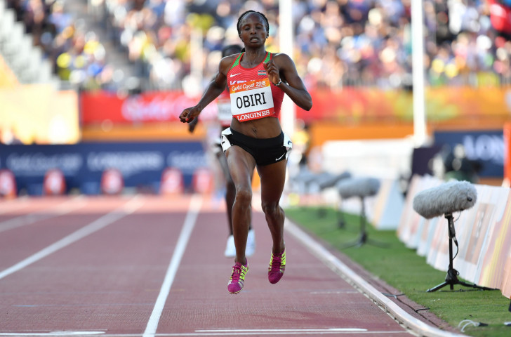 Kenya's Hellen Obiri, pictured winning the Commonwealth 5,000m title earlier this year at the Gold Coast Games, faces Ethiopia's world 1,500m record holder Genzebe Dibaba over the longer distance in tomorrow's IAAF Diamond League meeting in Rabat ©Getty Images  