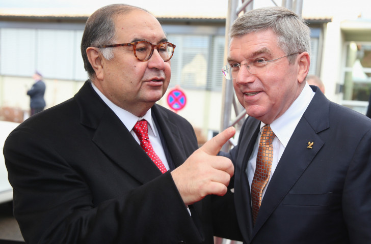 Alisher Usmanov, President of the International Fencing Federation, pictured with IOC President Thomas Bach in 2014 at an event to celebrate the latter's 60th birthday  ©Getty Images  