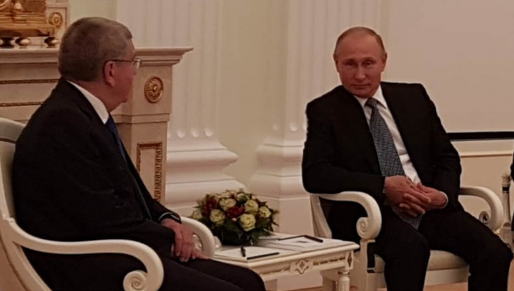 Russian President Vladimir Putin, seen here meeting Thomas Bach, has claimed myths about the country have collapsed during the FIFA World Cup ©Getty Images