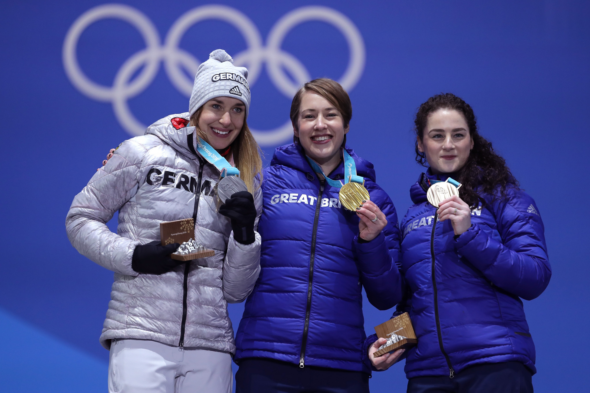 Mark Woods is credited with helping identify and develop the talent of Lizzy Yarnold, centre, and Laura Dees, right, who won gold and bronze respectively at the Pyeongchang 2018 Winter Olympics ©Getty Images