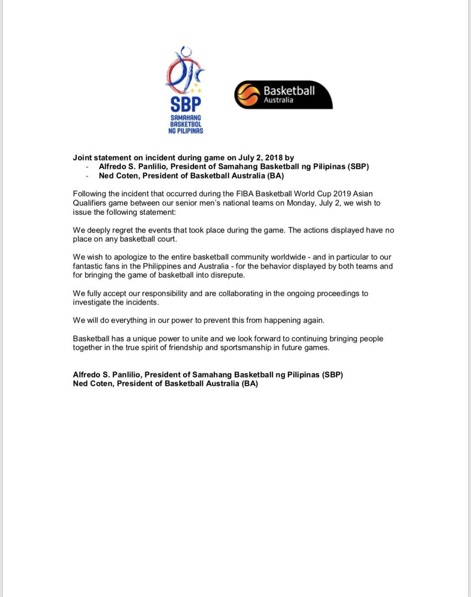 Basketball Australia and the Philippines Basketball Federation published a joint statement on July 5, apologising for the incident ©Twitter