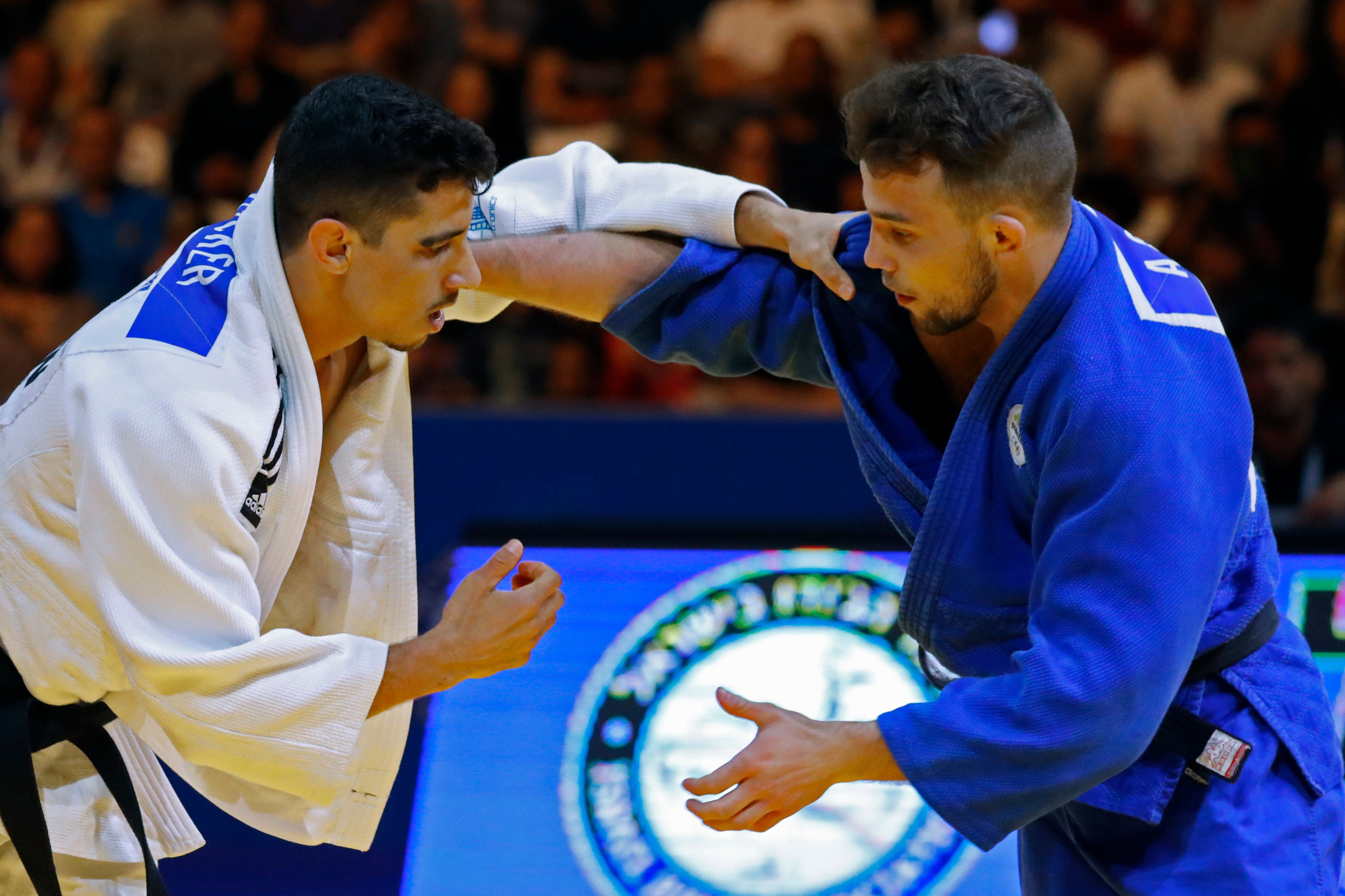 Organsiers of the Abu Dhabi Grand Slam refused to raise the flag or play the national anthem after Tal Flicker of Israel, left, won gold last year ©Getty Images