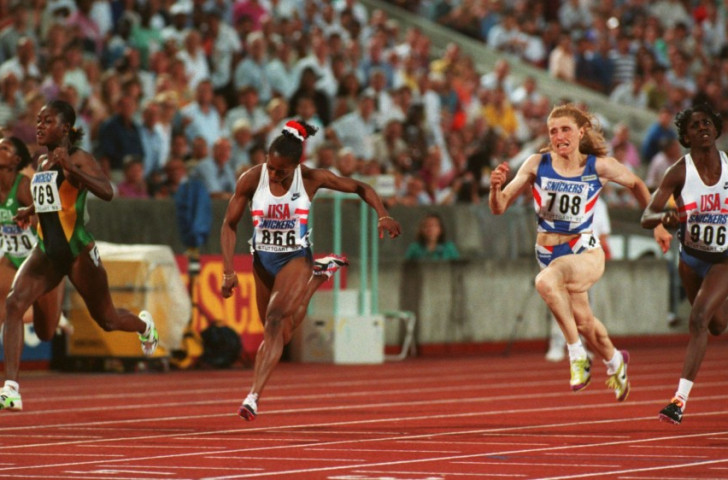 Gail Devers (866) en route to victory by thousandths of a second over Merlene Ottey (469) in the 100m final at the 1993 IAAF World Championships, thanks to a twist rather than a lunge at the finish ©Getty Images