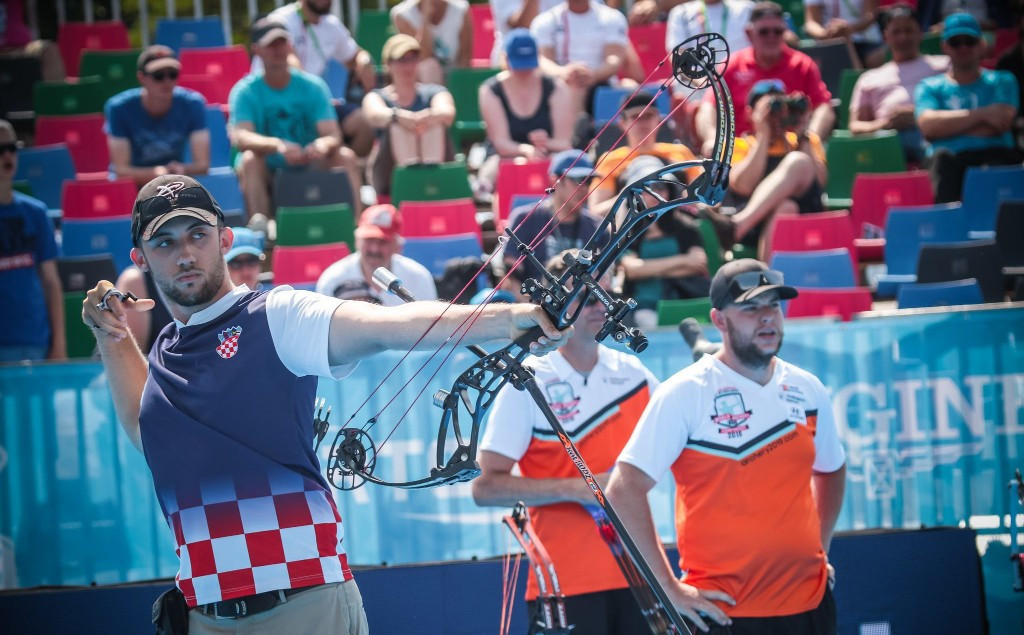 Dutchman Mike Schloesser, right, recorded his second Archery World Cup stage win of the campaign ©World Archery