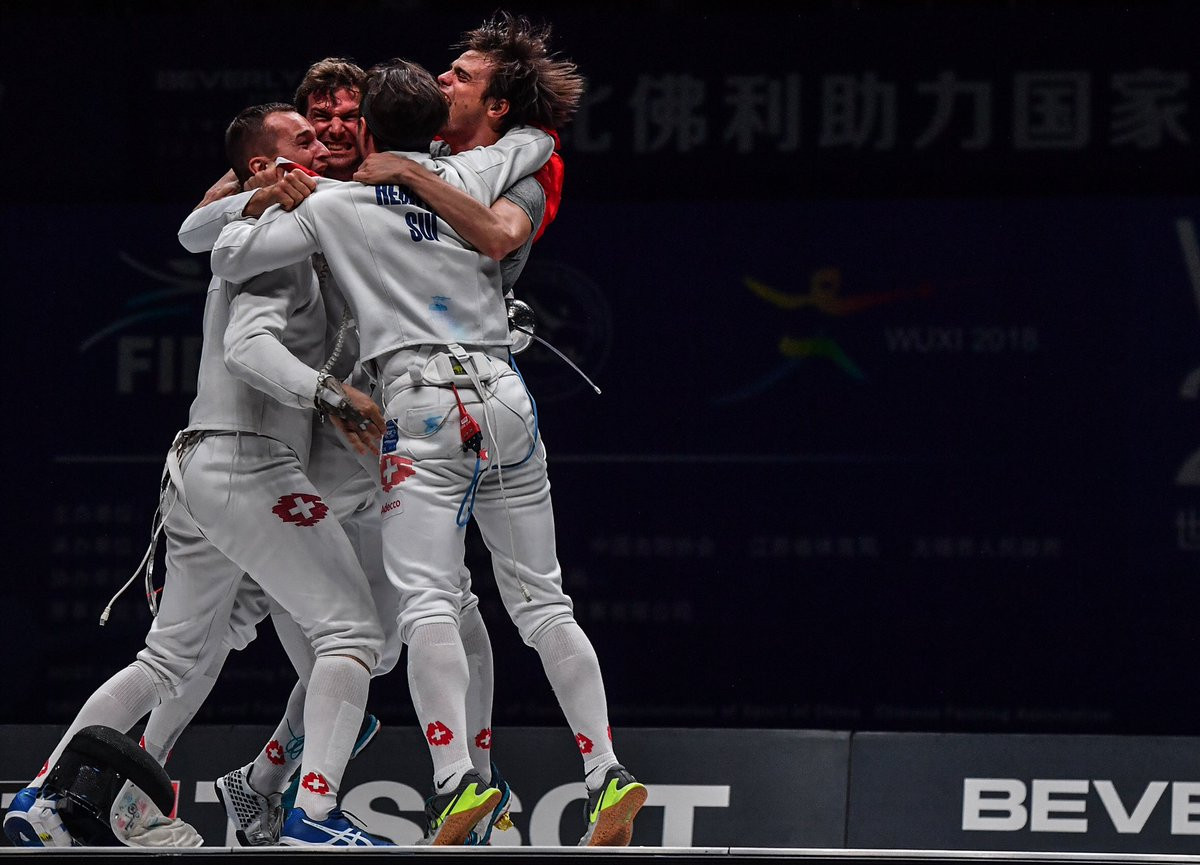 Switzerland won their first World Championship gold medal in the men's team  épée in Wuxi ©Twitter/FIE