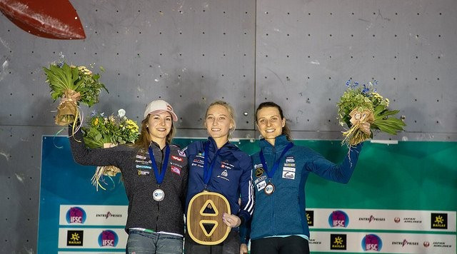 Janja Garnbret, centre, won the last World Cup event in Briancon in France ©IFSC