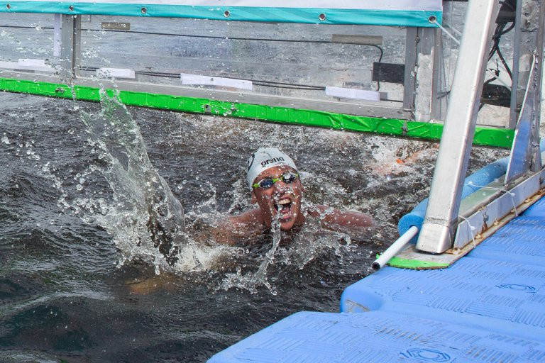 After 10km of swimming, Marcel Schouten won the men's race by just one second ©FINA