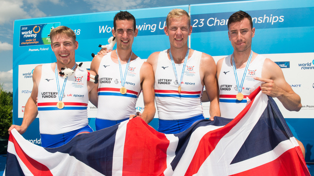 The men's quadruple sculls boat was one of three British gold medallists on the final day of the World Rowing Under-23 Championships in Poznan, Poland © British Rowing