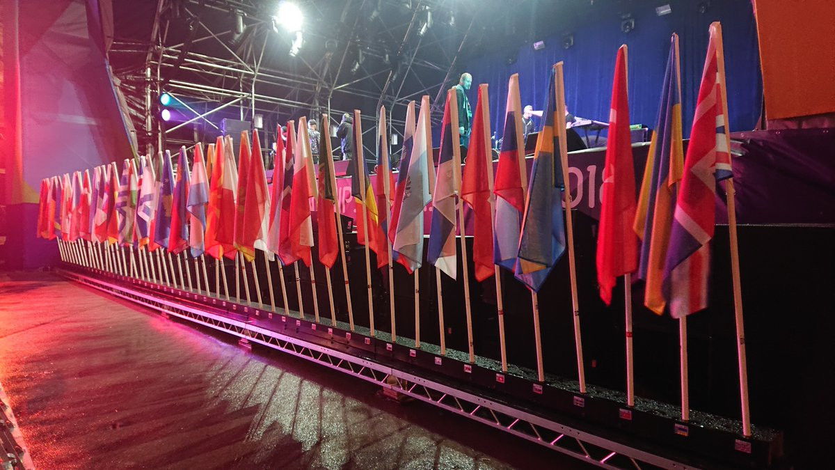 Flags of the competing nations were paraded at the welcome event ©Glasgow 2018