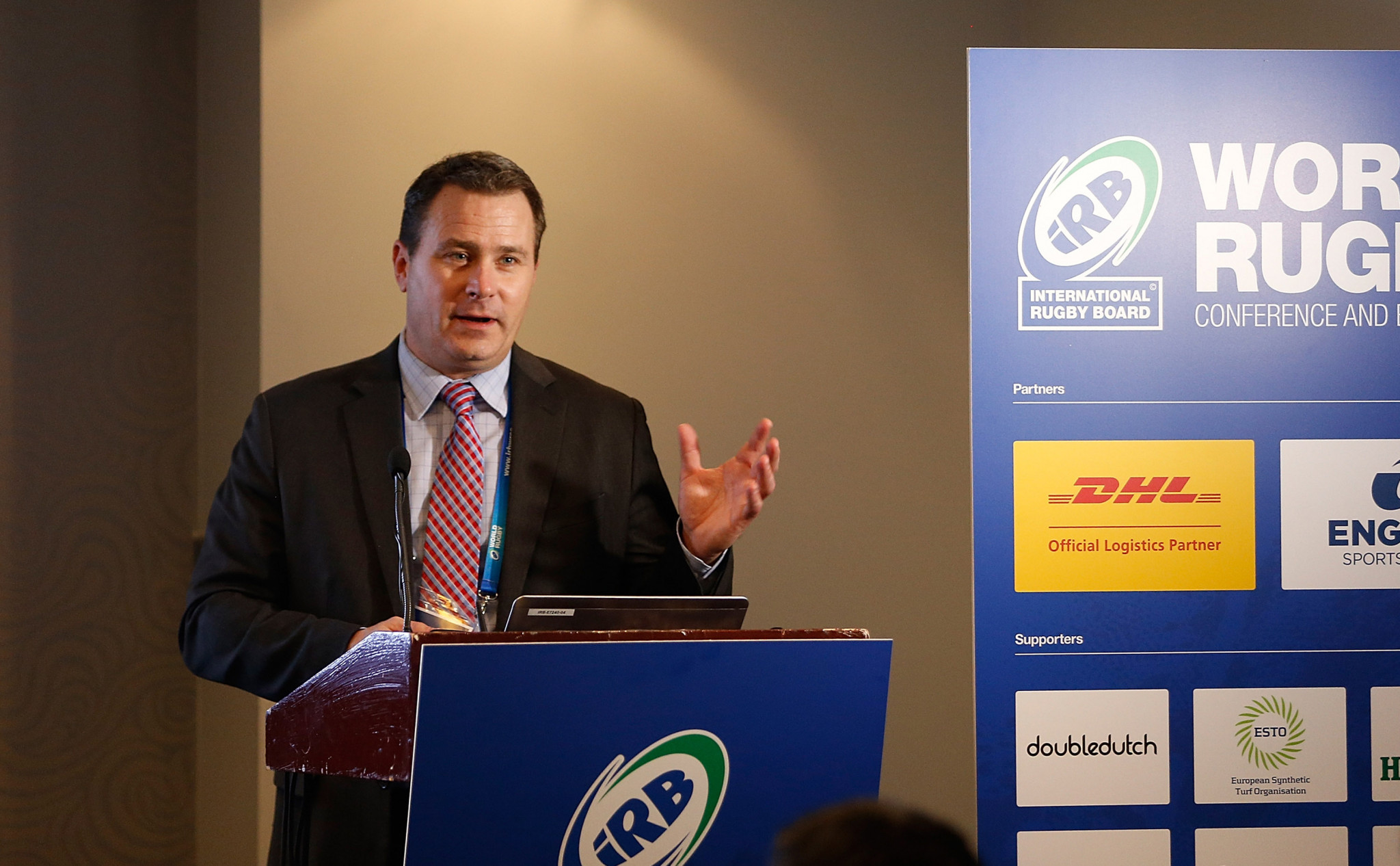 Rob Koehler pictured speaking at a World Rugby conference in 2013 ©Getty Images