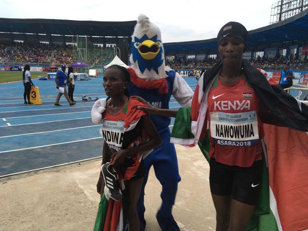 Kenya's Stacy Ndiwa, left, sprinted to 10,000m success at the African Championships in Asaba ©Twitter