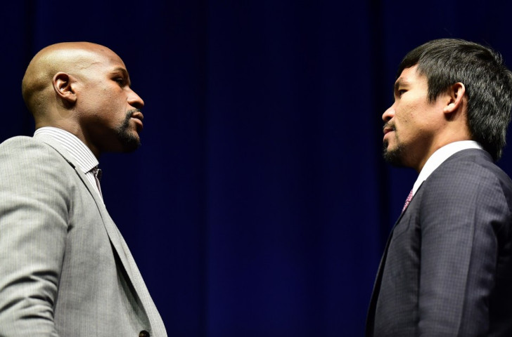 Floyd Mayweather Jnr (left) and Manny Pacquiao (right) face off at the MGM Grand in Las Vegas on Saturday (May 2)
