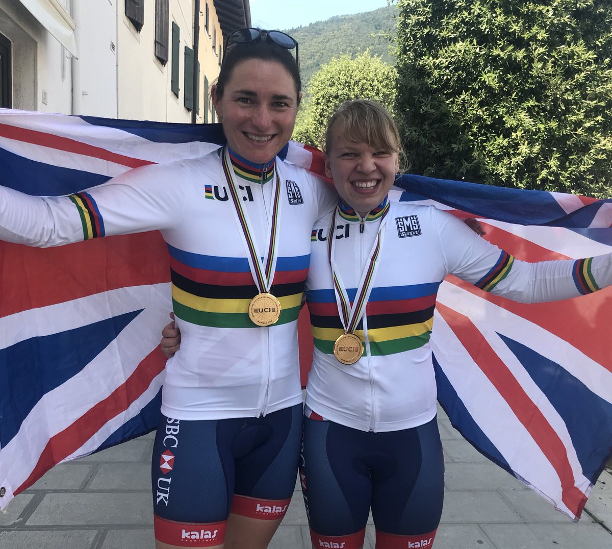 Dame Sarah Storey, left, and Katie Toft, who both won gold for Britain on the final day of the Para-cycling Road World Championship in Maniago, Italy today ©Twitter
