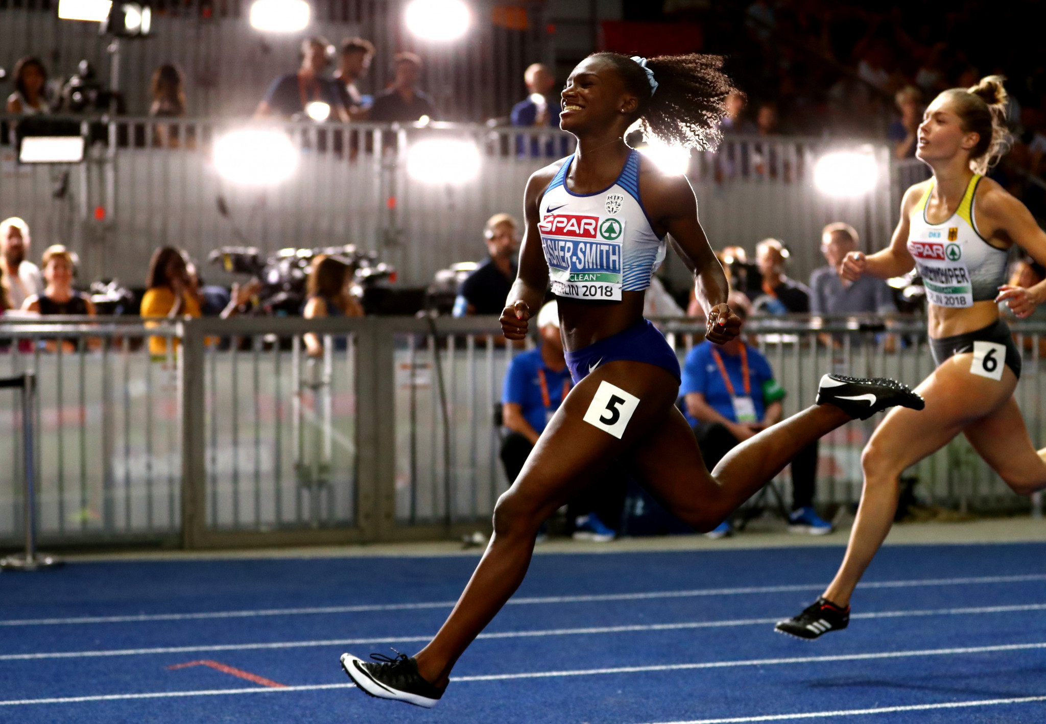 Over in Berlin, Dina Asher-Smith won the first of two golds for Great Britain in the 100m, corssing the line in a national record of 10.85secs ©Getty Images
