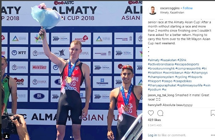 Hong Kong's promising young triathlete Oscar Coggins enjoyed the best victory of his career when he won the Asian Cup event in Almaty but will Jakarta Palembang 2018 because he is still waiting for a passport ©Instagram 