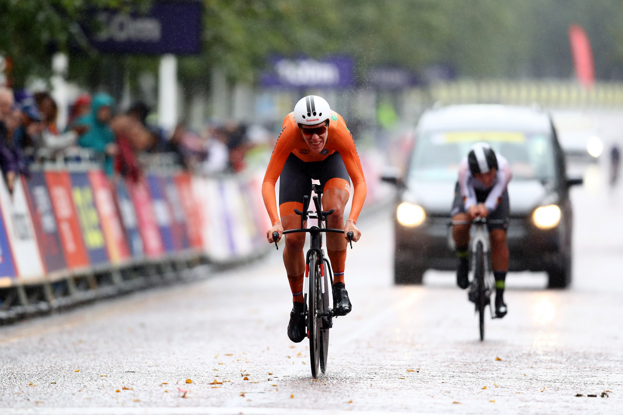 Van Dijk edges compatriot on weather-affected course to win third consecutive European Championships time trial gold
