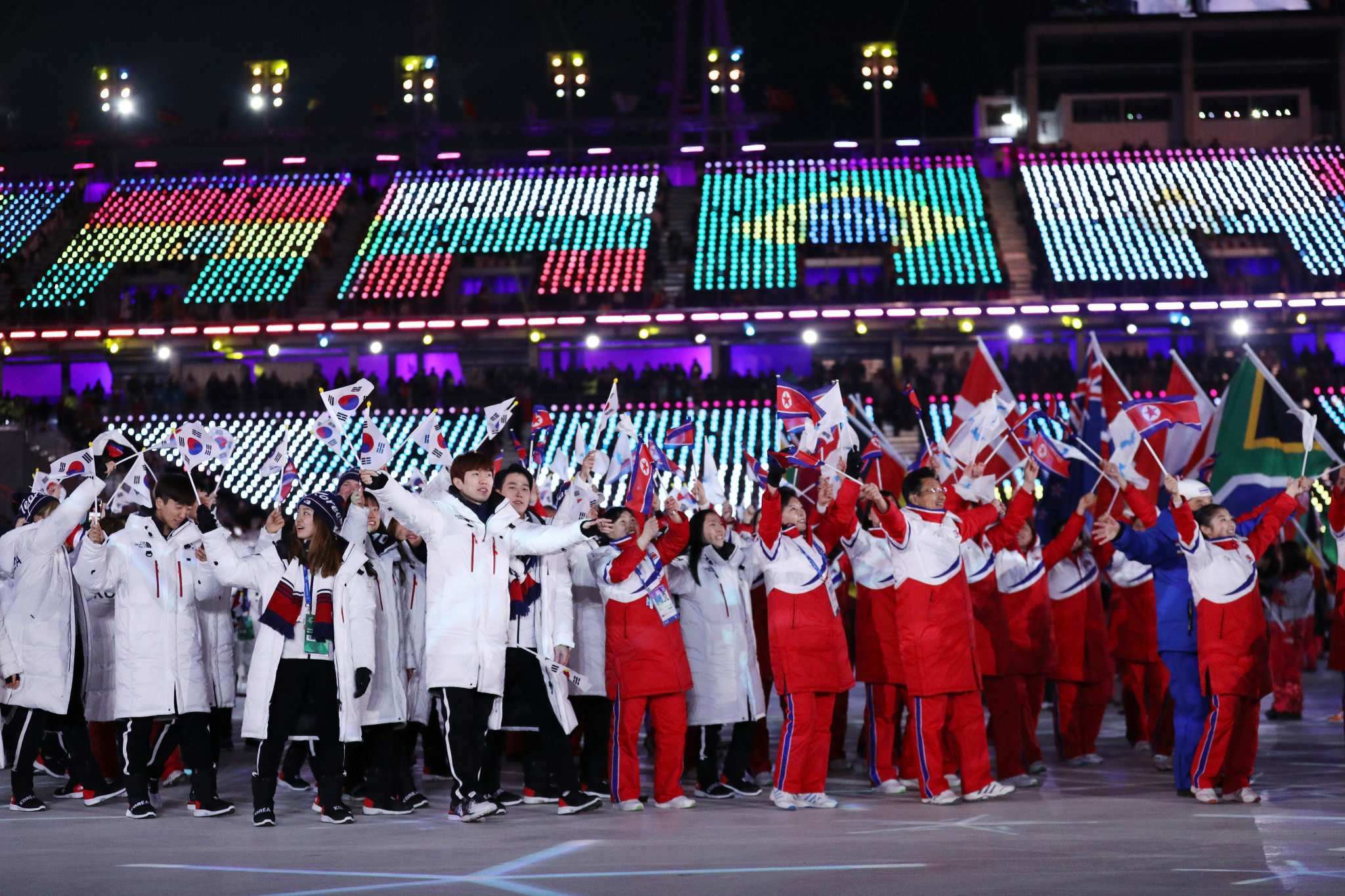 North and South Korean athletes marching together at the Closing Ceremony of Pyeongchang 2018 ©Getty Images