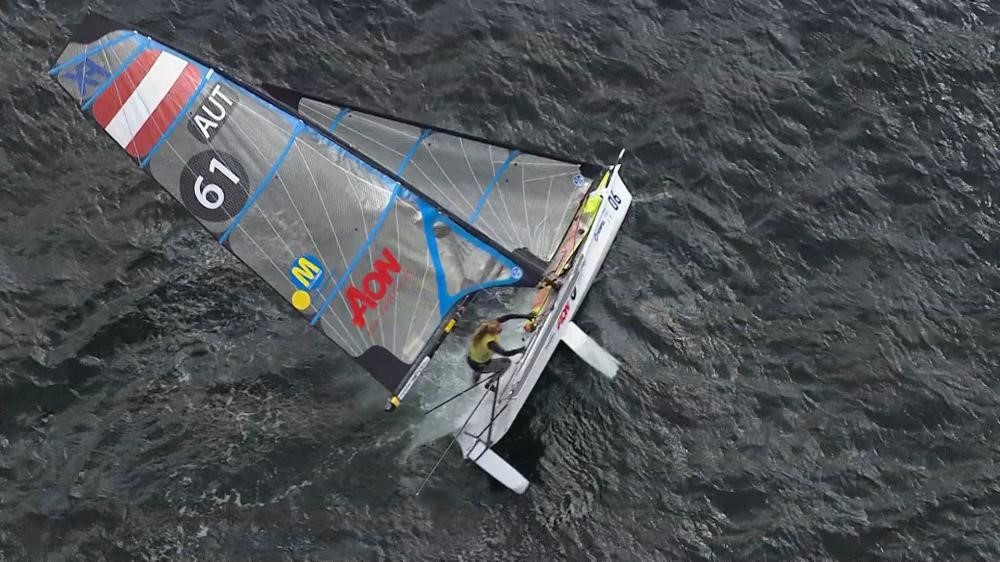 Austrian Tanja Frank and Lorena Abicht capsized after falling victim to a huge wind shift in the 49erFX ©World Sailing
