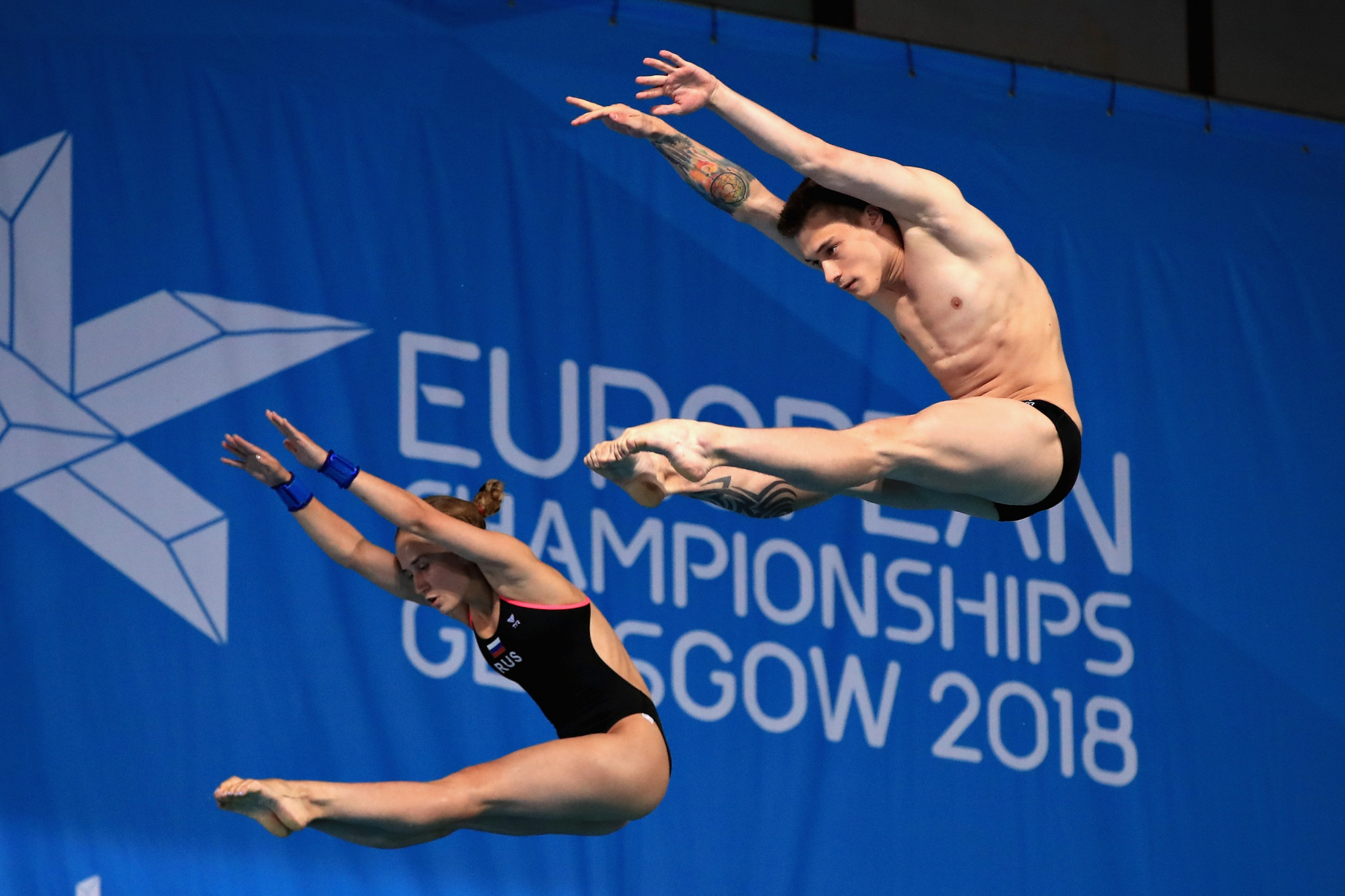 Russia's Yulia Timoshinina and Nikita Shleikher secured victory in the mixed synchronised 10 metres platform final ©Getty Images