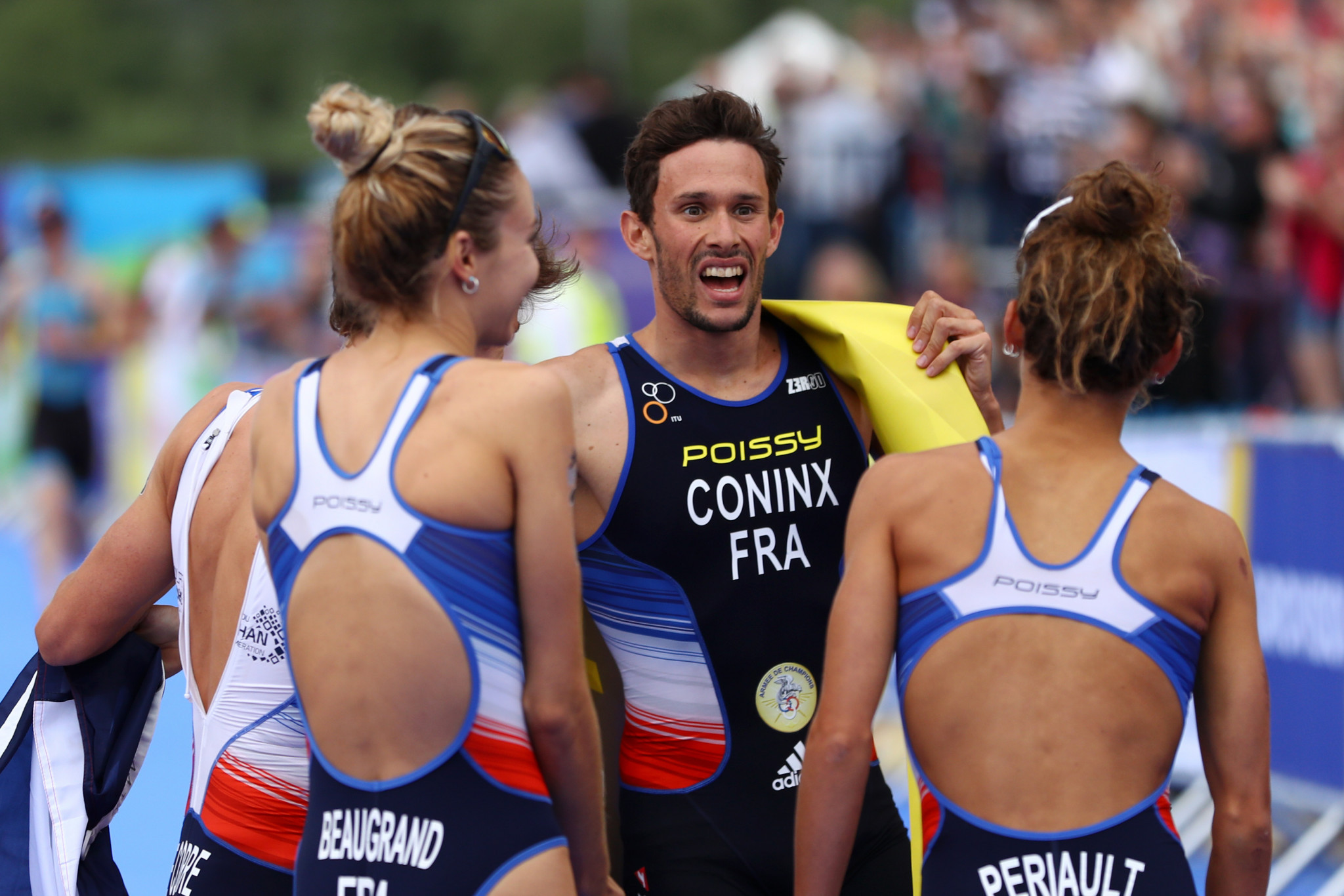 Dorian Coninx wrapped up world champions France's success in the mixed team relay triathlon event
