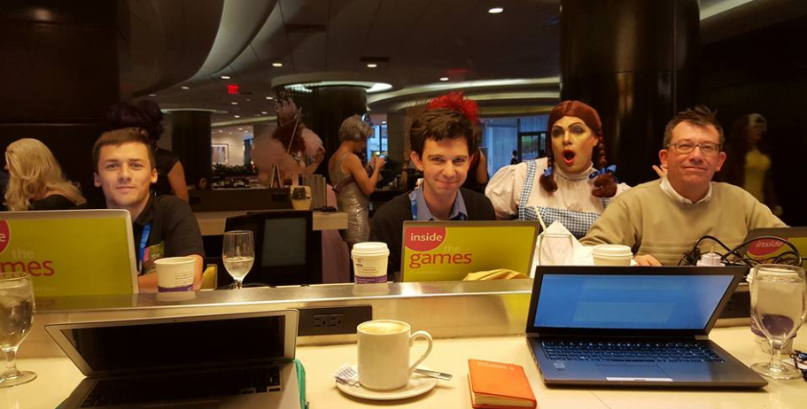 Our workplace in the bar in Washington D.C in 2015 became the centrepiece of a drag queen pageant - a new experience for me - although we stayed working throughout ©ITG