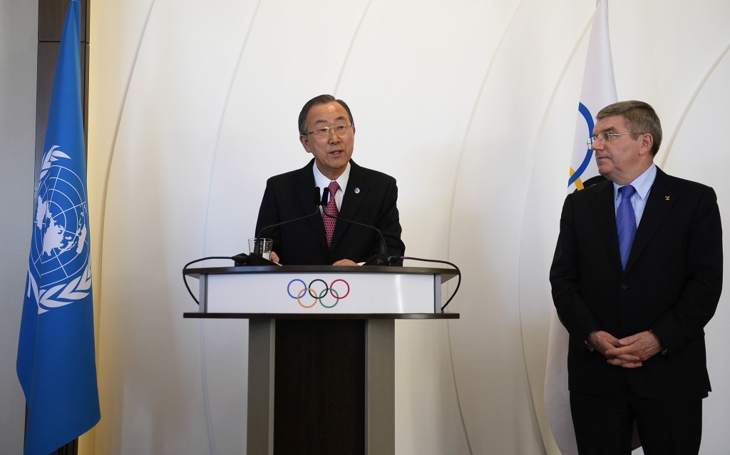 Ban Ki-moon (left) pictured alongside Thomas Bach as the 2014 IOC Session in Sochi ©Getty Images