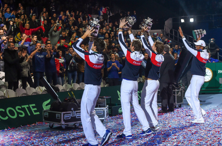 France's team celebrates with the trophy after winning the Davis Cup final against Belgium in Villeneuve d'Ascq last November ©Getty Images   