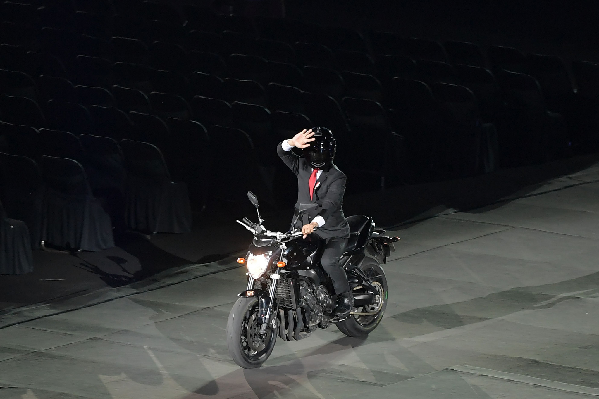 The Ceremony began with a video supposedly showing the Indonesian President Joko Widodo doing stuns on a motorbike around Jakarta, before riding triumphantly into the Gelora Bung Karno Main Stadium ©Getty Images