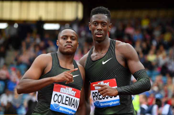 World indoor champion Christian Coleman of the United States, left, won the 100m at the IAAF Diamond League meeting in Birmingham in 9.94sec, with Britain's Reece Prescod, right, second in the same time ©Getty Images  