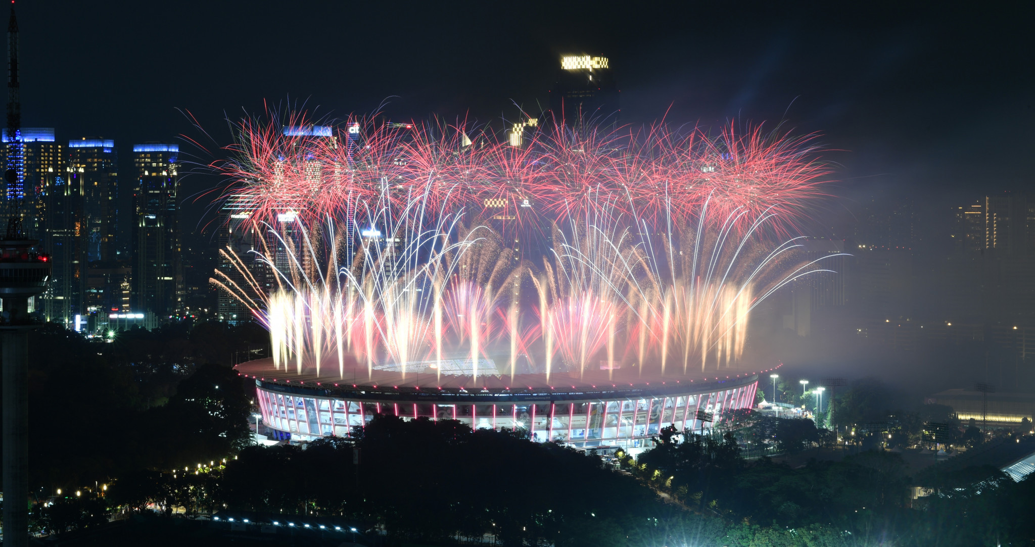 The Ceremony concluded with a spectacular fireworks display, which lit up the Jakarta sky ©Getty Images