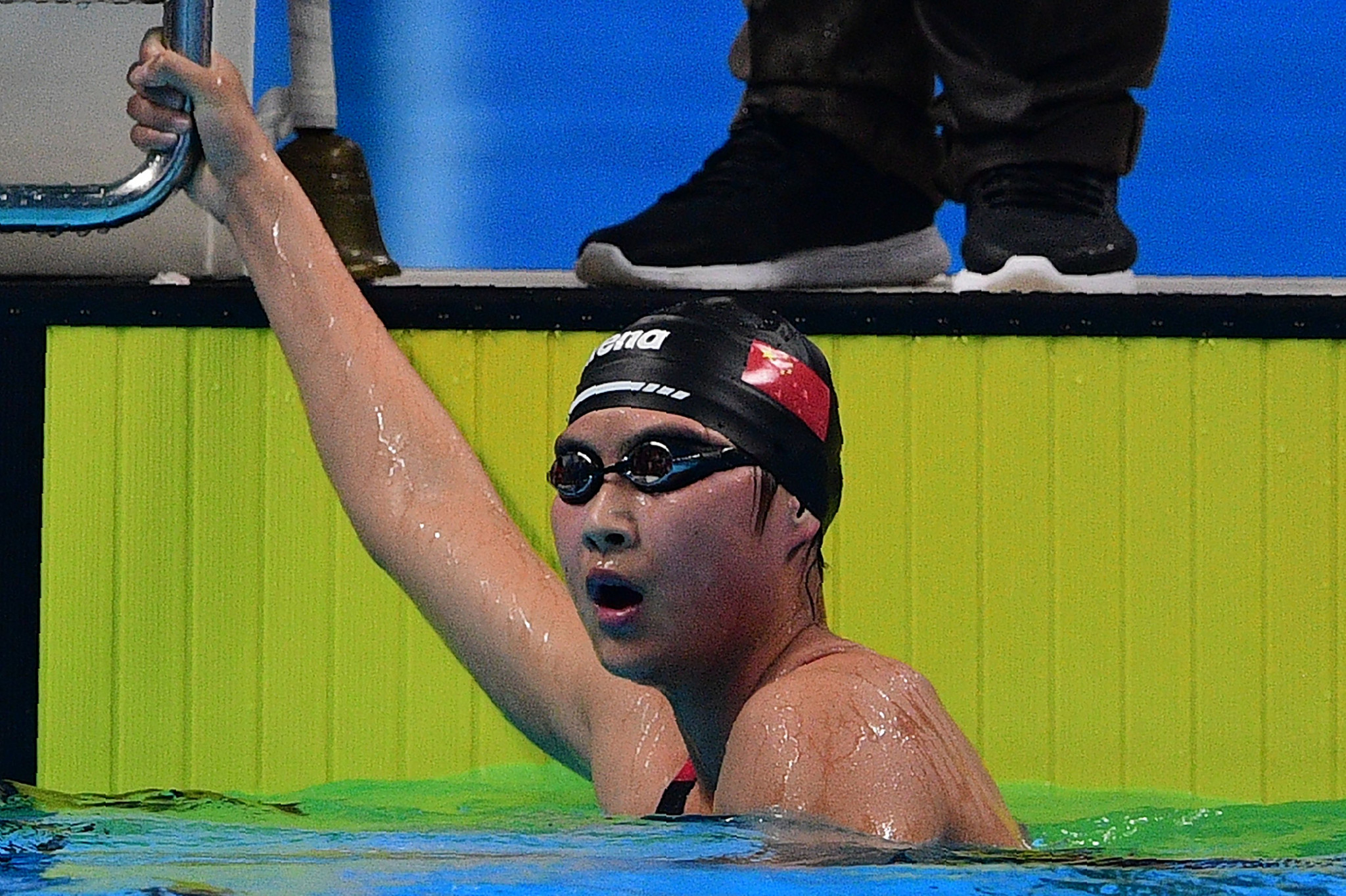 China's  Jianjiahe Wang, who is only 16, won the first gold medal of the night in the women’s 1500 metres freestyle by just 0.12 seconds from team-mate Bingjie Li©Getty Images