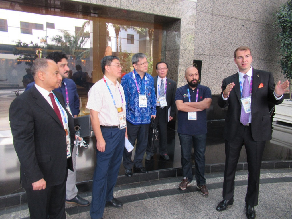 FITEQ vice-president Viktor Huszár, right, explains teqball to OCA Sports Committee members and officials ©OCA