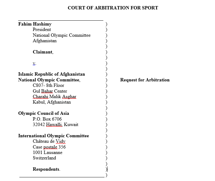 The first page of Fahim Hashimy's claim against A-NOC, the OCA and the IOC sent to the Court of Arbitration for Sport ©ITG