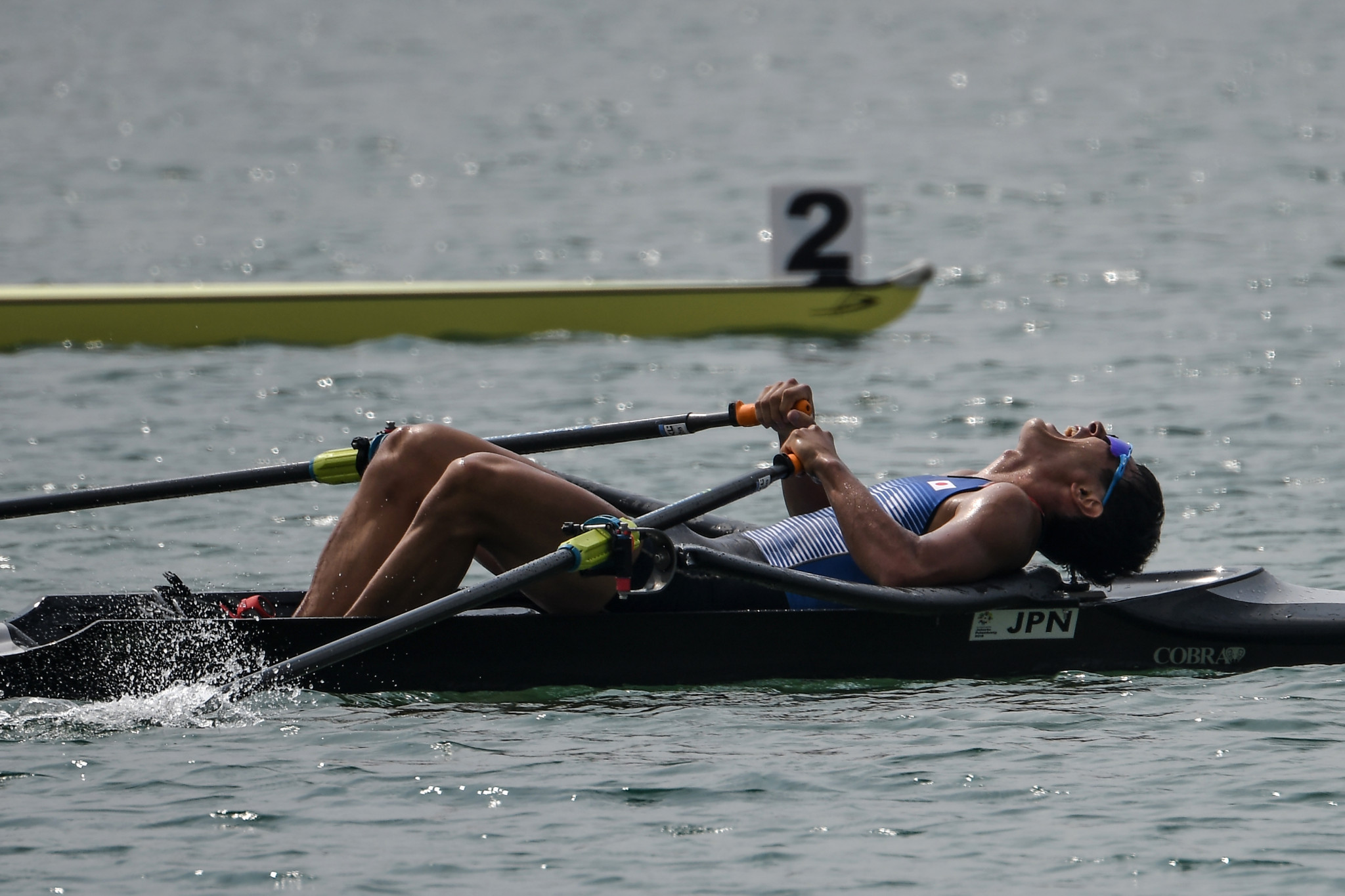 A Japanese rower collapses in exhaustion ©Getty Images