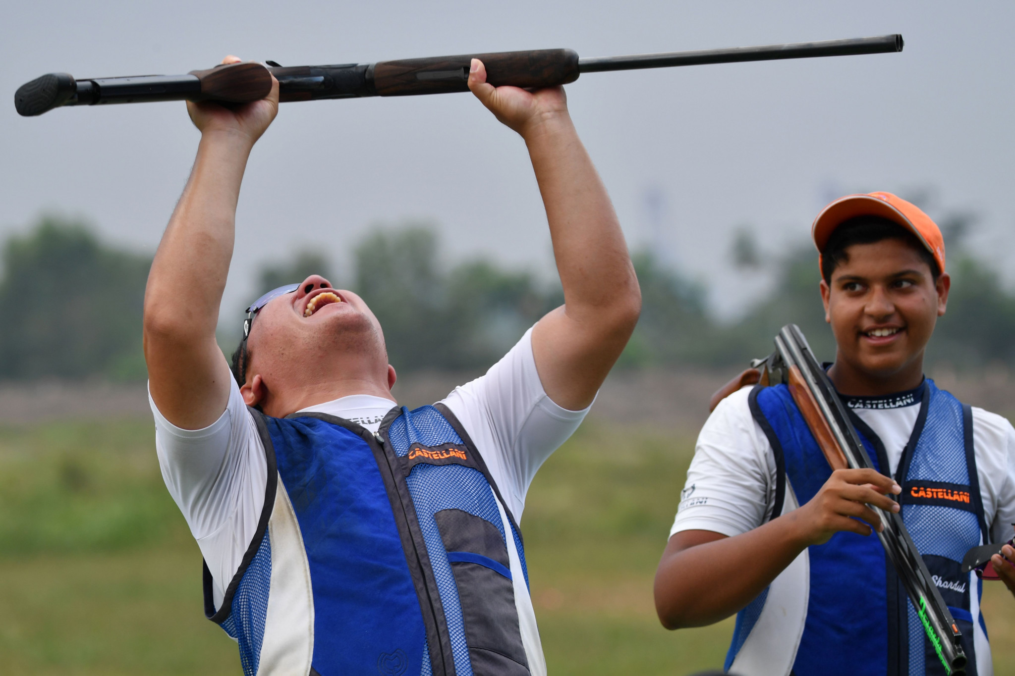 South Korea's Hyunwoo Shin reacts with delight after winning the men's double trap final ©Getty Images