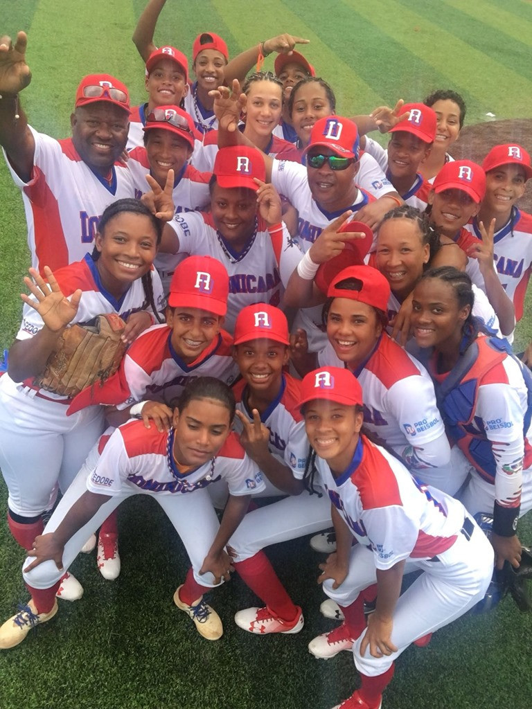 Dominican Republic's players and staff celebrate a first-ever win at the Women's Baseball World Cup ©WBSC