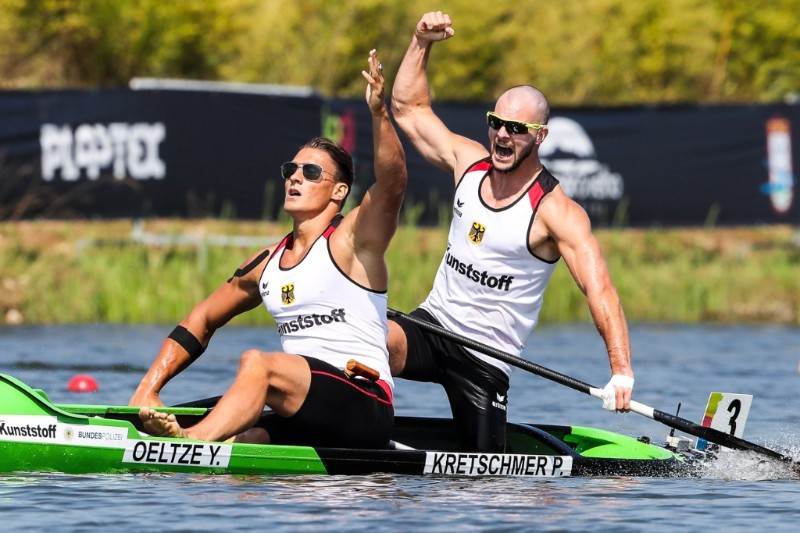 Germany's Yul Oeltze and Peter Kretschmer became the first pair to defend a C2 1,000 metres world title for almost two decades ©ICF