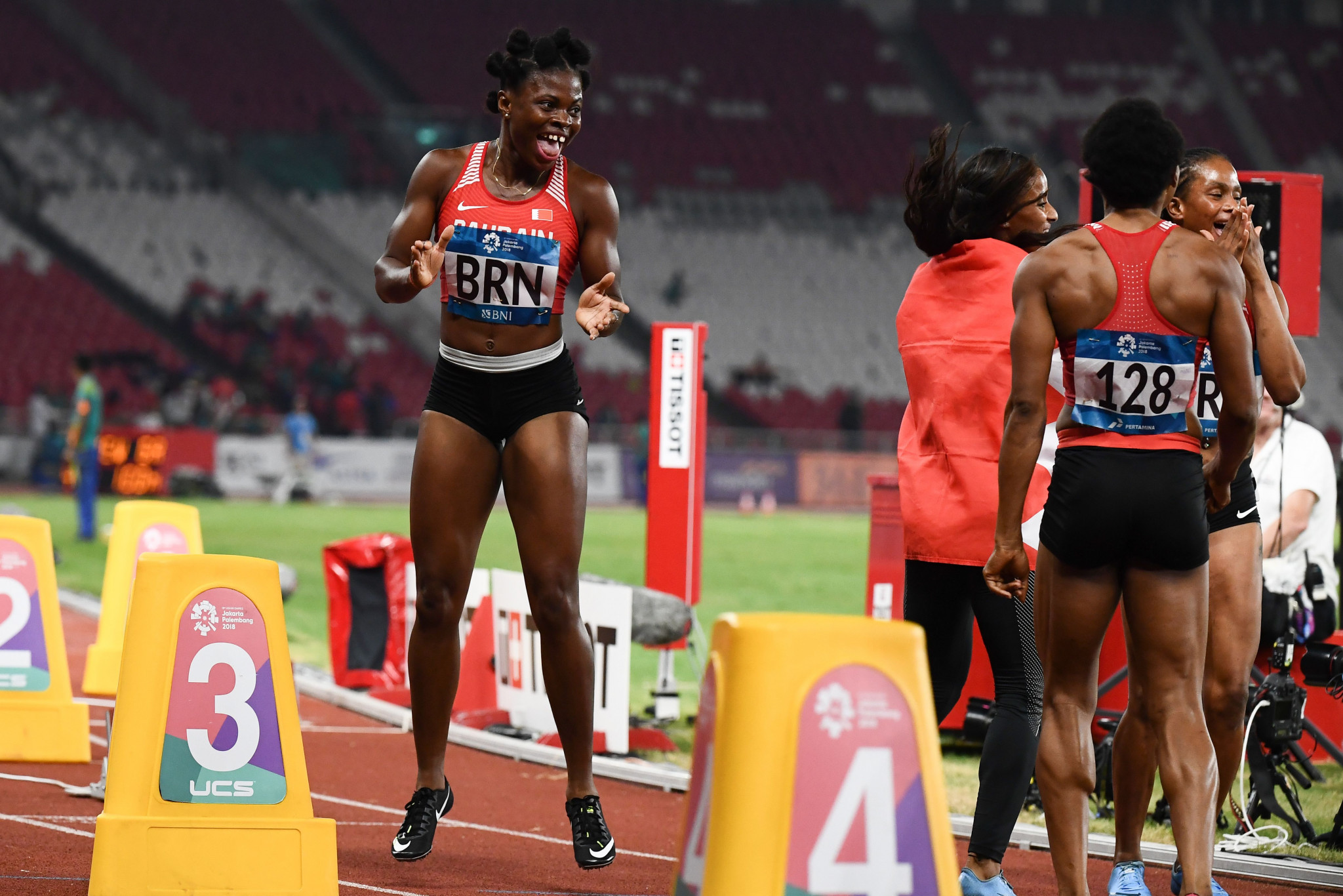 Edidiong Odiong completed a sprint triple at Jakarta Palembang 2018 after helping Bahrain to an Asian Games-record breaking win in the women's 4x100 metres relay on day 12 of competition ©Getty Images