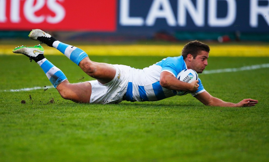 Santiago Cordero dives over for an Argentinian try at Kingsholm